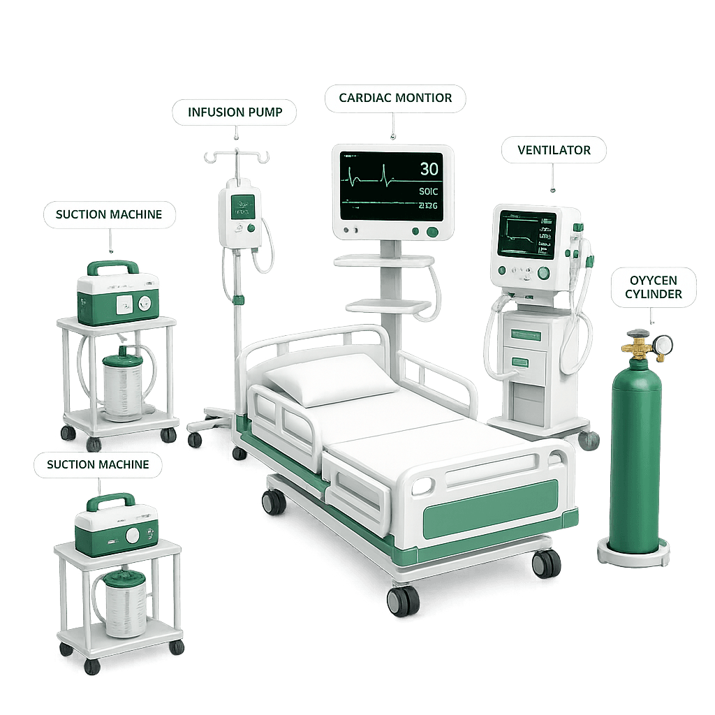 A home ICU setup in a bedroom: a patient in a hospital bed on oxygen, with a cardiac monitor, ventilator, infusion pump, suction machine and oxygen cylinder around the bed, and a nurse in attendance.